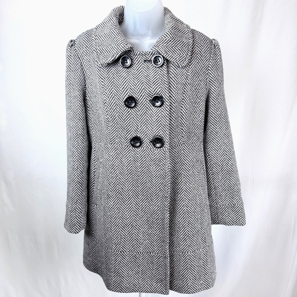 GUESS Womens XL Herringbone Wool Blend Swing Coat Black White Structured Collar